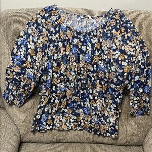 Elegant Floral Blouse - Navy and Tan